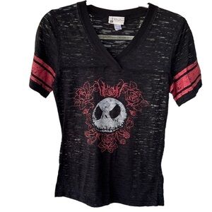 Disney Parks Jack Skellington V-Neck Baseball Tee Large Black Red Semi Sheer GUC